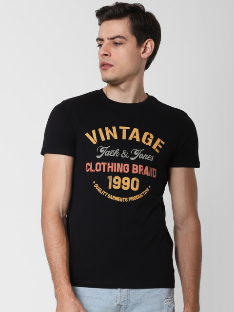 

Jack Jones Men Black Printed Slim Fit Round Neck Pure Cotton T-shirt