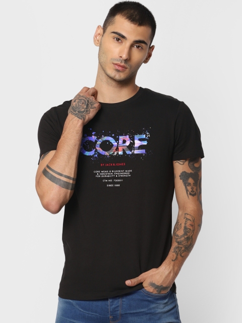 

Jack Jones Men Black Printed Round Neck Pure Cotton T-shirt
