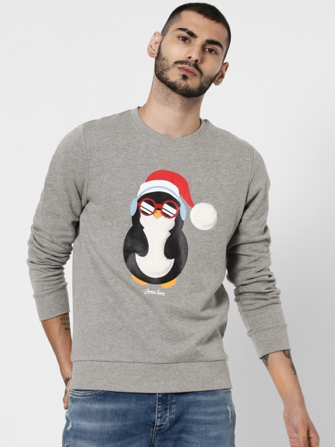 

Jack & Jones Men Grey Melange Printed Sweatshirt