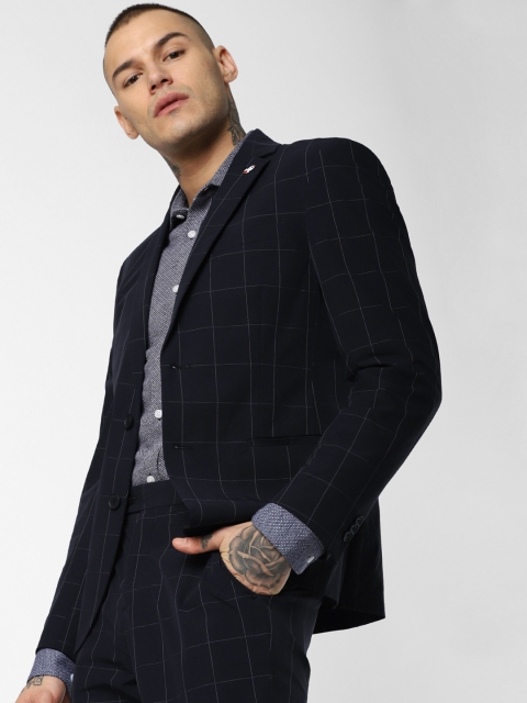 

Jack & Jones Men Navy Blue & White Checked Slim Fit Single Breasted Smart Casual Blazer