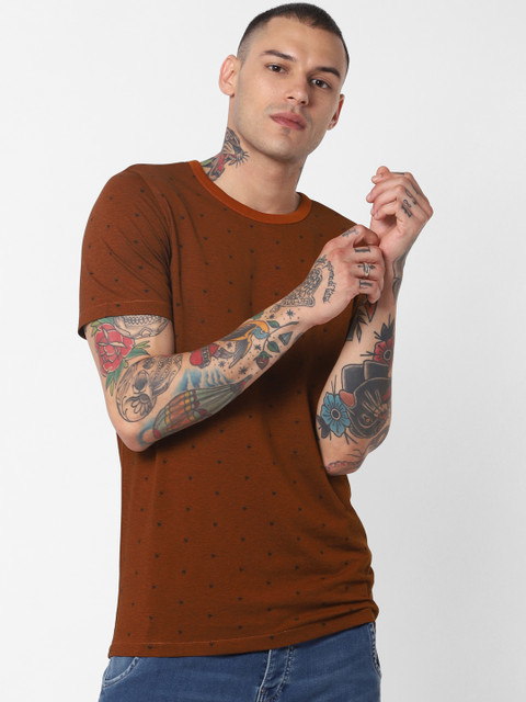 

Jack & Jones Men Rust Orange Printed Slim Fit Round Neck T-shirt