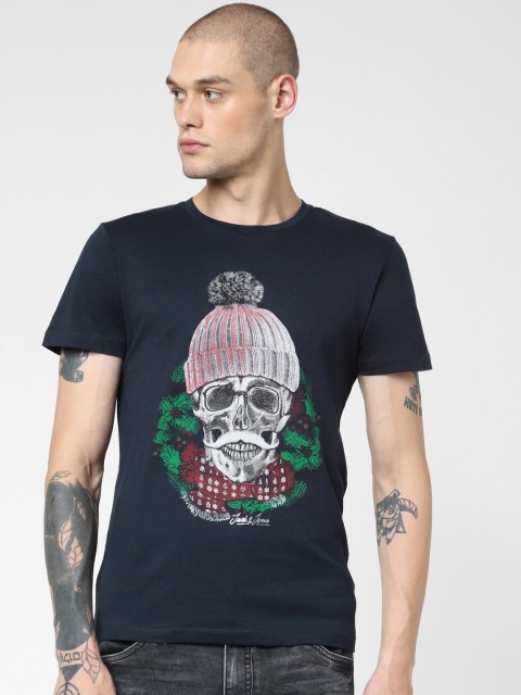 

Jack & Jones Men Navy Blue Slim Fit Printed Round Neck T-shirt