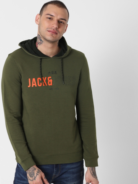 

Jack & Jones Men Olive Green Printed Hooded Sweatshirt