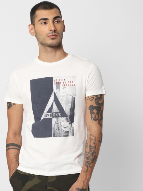 

Jack & Jones Men White Printed Round Neck T-shirt
