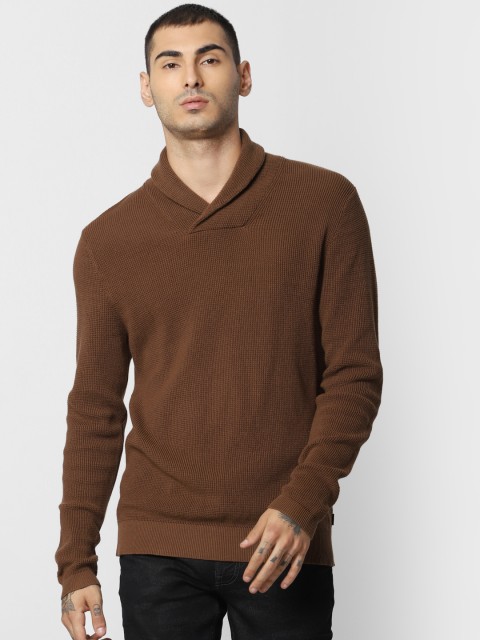 

Jack & Jones Men Brown Self Design Sweater With Shawl Neck
