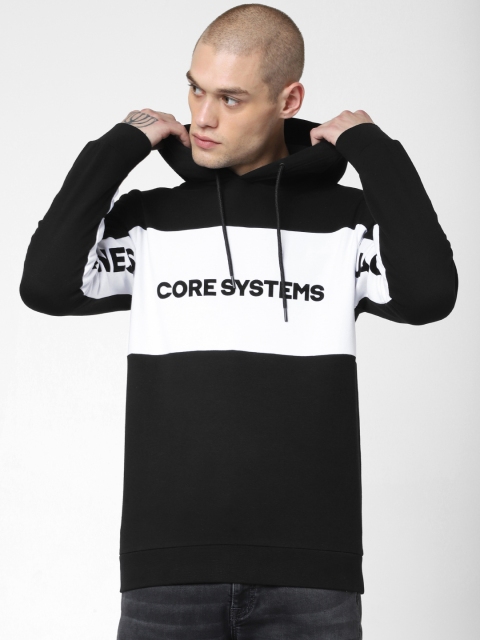 

Jack & Jones Men Black & White Colourblocked Hooded Sweatshirt With Applique Detailing