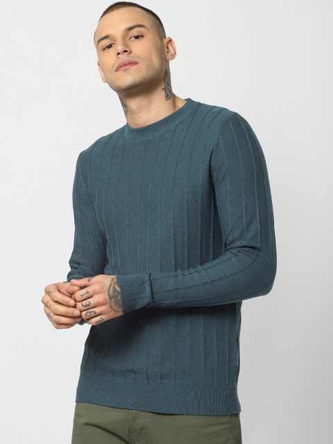 

Jack & Jones Men Teal Blue Striped Sweater