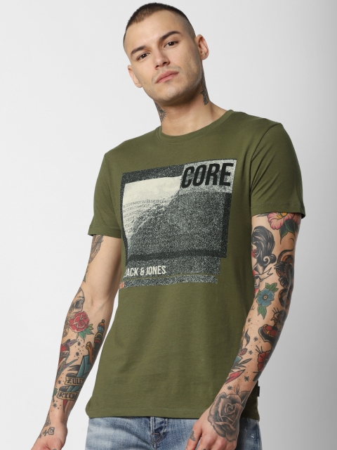 

Jack Jones Men Olive Green Off White Printed Round Neck Pure Cotton T-shirt