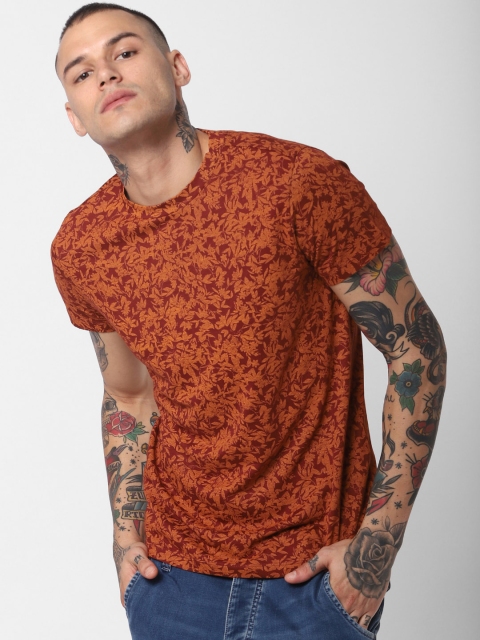 

Jack & Jones Men Coral Orange Printed Round Neck T-shirt