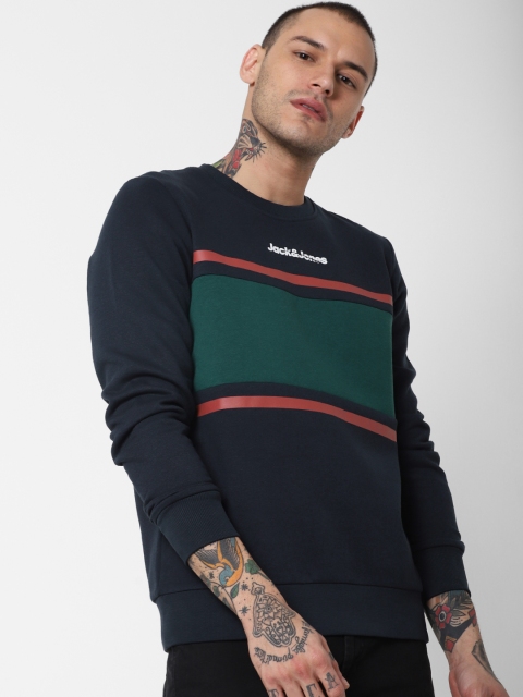 

Jack & Jones Men Navy Blue & Green Colourblocked Sweatshirt