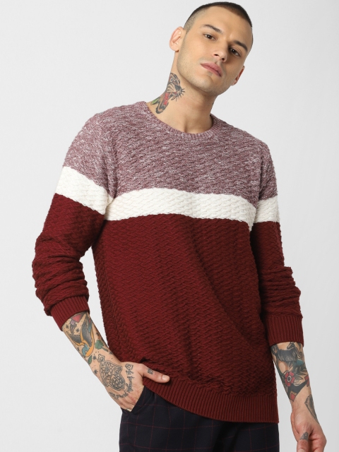 

Jack & Jones Men Burgundy & White Colourblocked Sweater