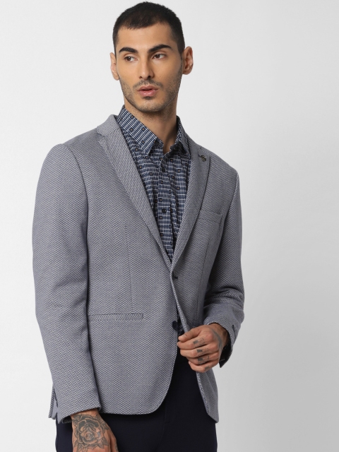 

Jack & Jones Men Navy Blue & Grey Self-Design Slim Fit Single Breasted Smart Casual Pure Cotton Blazer
