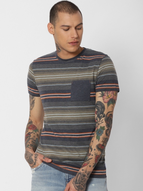 

Jack & Jones Men Olive Green & Navy Blue Striped Round Neck T-shirt