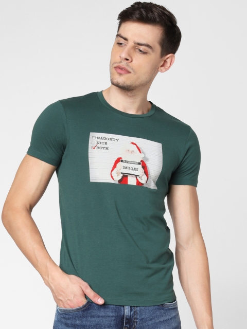 

Jack Jones Men Green Printed Round Neck Pure Cotton T-shirt