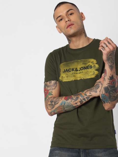 

Jack & Jones Men Olive Green Printed Slim Fit Round Neck T-shirt