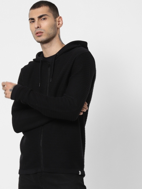 

Jack & Jones Men Black Ribbed Hooded Cardigan