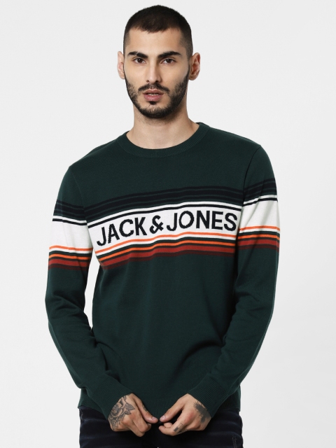 

Jack & Jones Men Green & White Striped Pullover Sweater