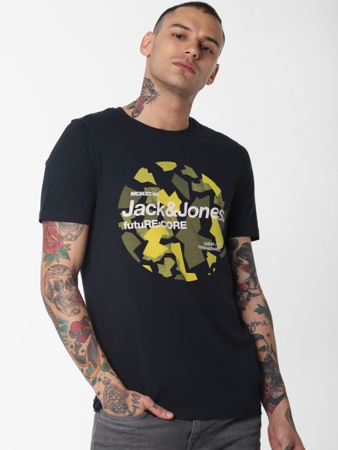 

Jack Jones Men Navy Blue Yellow Printed Round Neck Pure Cotton T-shirt
