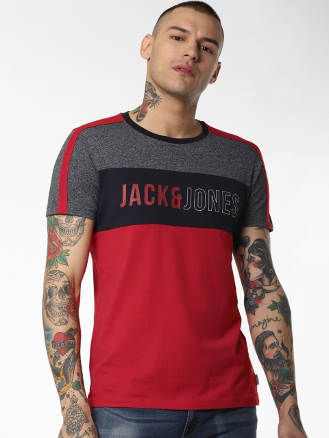 

Jack Jones Men Red Charcoal Colourblocked Round Neck Pure Cotton T-shirt