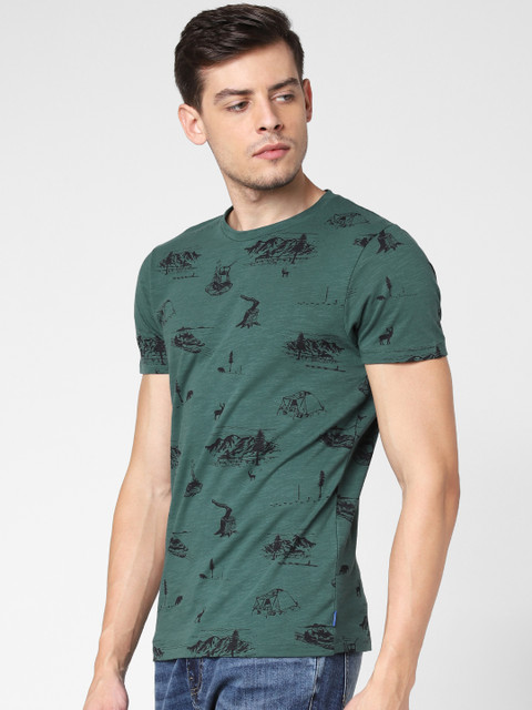 

Jack & Jones Men Olive Green & Black Printed Round Neck T-shirt