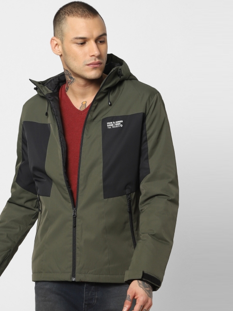 

Jack & Jones Men Olive Green & Black Colourblocked Water Resistant Jacket
