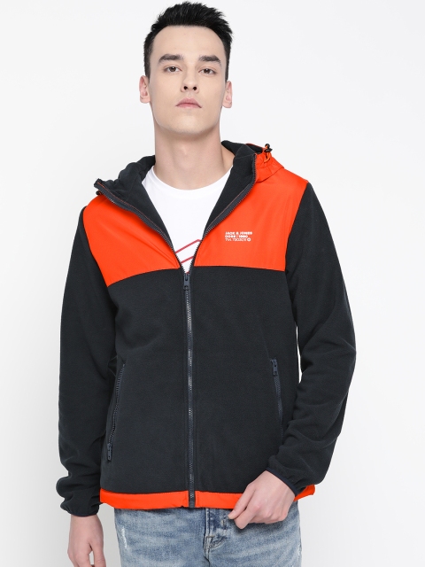 

Jack & Jones Men Black & Orange Colourblocked Hooded Tailored Jacket