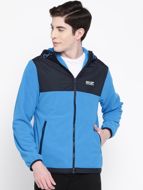 

Jack & Jones Men Blue & Black Colourblocked Hooded Sporty Jacket