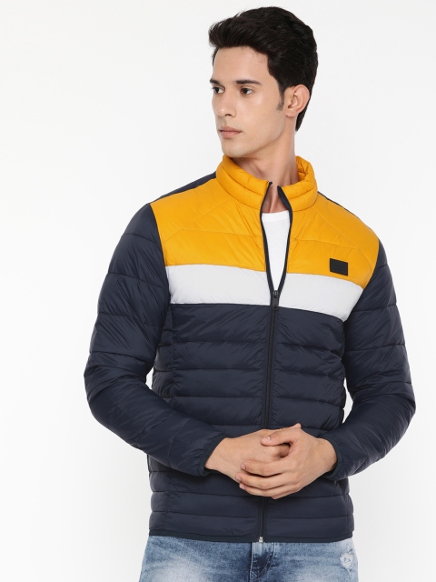 

Jack & Jones Men Navy Blue & Yellow Colourblocked Puffer Jacket
