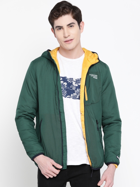

Jack & Jones Men Green Solid Hooded Bomber Jacket