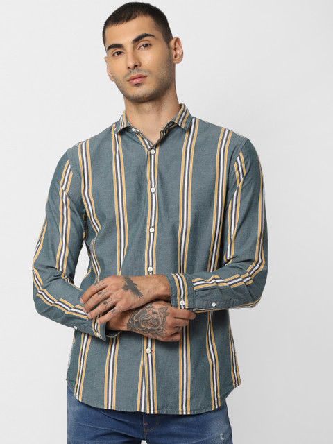 

Jack & Jones Men Teal Green & Mustard Yellow Striped Regular Fit Casual Shirt
