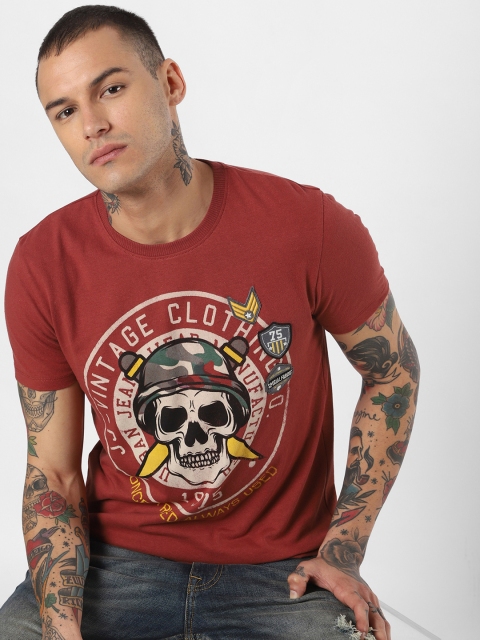 

Jack & Jones Men Rust Brown Printed Round Neck T-shirt