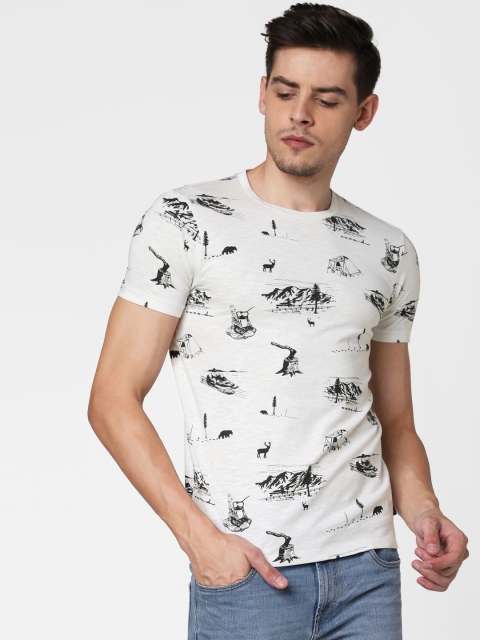 

Jack Jones Men White Black Printed Round Neck Pure Cotton T-shirt