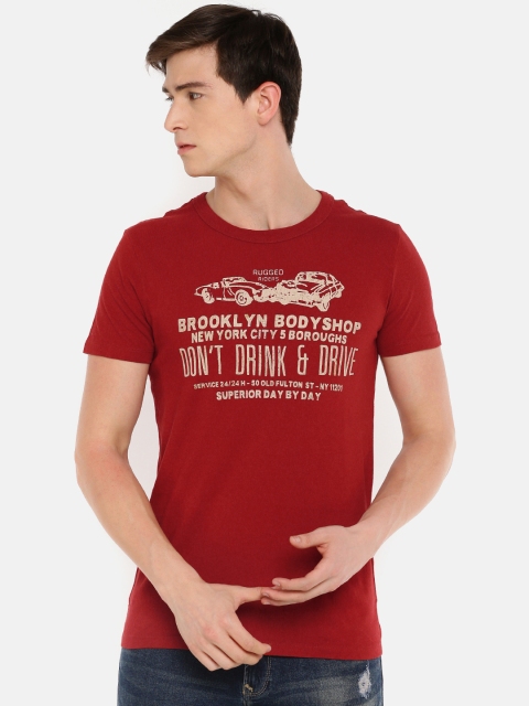 

Jack Jones Men Red Printed Slim Fit Round Neck Pure Cotton T-shirt