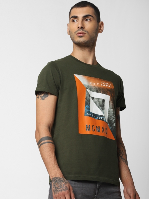 

Jack & Jones Men Olive Green & Coral Orange Printed Round Neck T-shirt