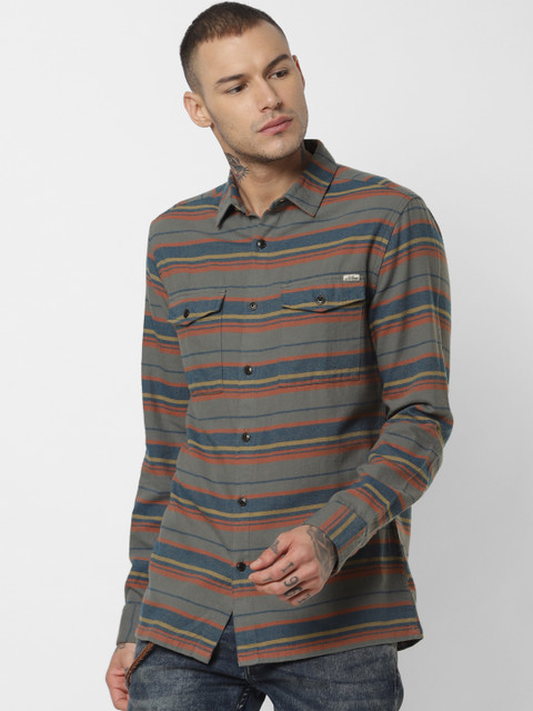 

Jack & Jones Men Charcoal & Navy Blue Striped Slim Fit Casual Shirt