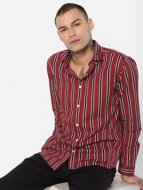 

Jack & Jones Men Maroon & Black Slim Fit Striped Casual Shirt