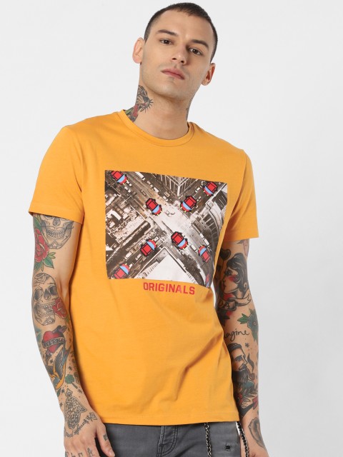 

Jack Jones Men Yellow Brown Printed Round Neck Pure Cotton T-shirt