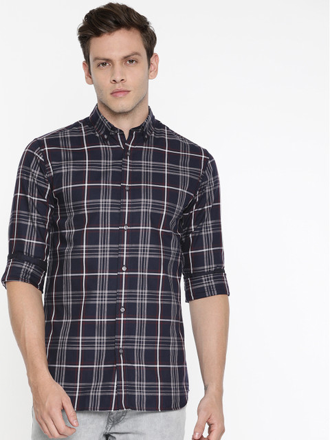 

Jack & Jones Men Navy Blue & Grey Premium Slim Fit Checked Casual Shirt