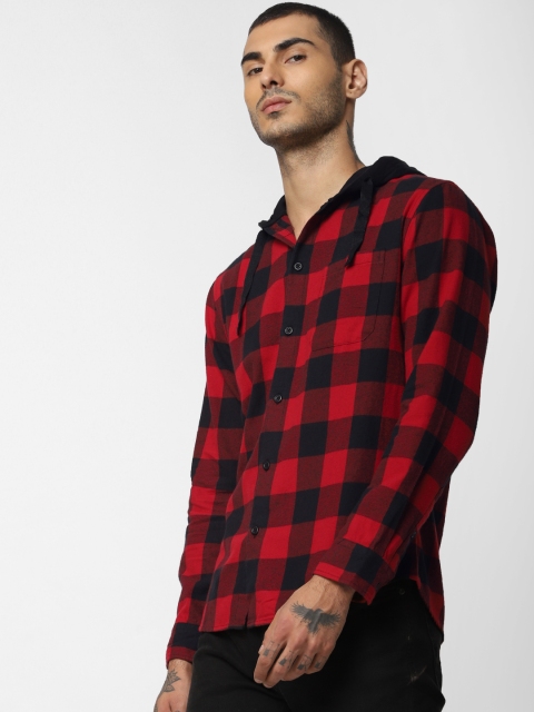 

Jack & Jones Men Red & Black Regular Fit Checked Hooded Casual Shirt