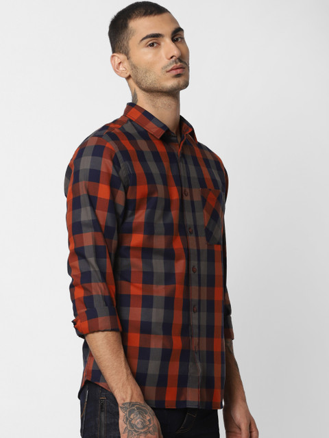 

Jack & Jones Men Rust Orange & Navy Blue Slim Fit Checked Casual Shirt