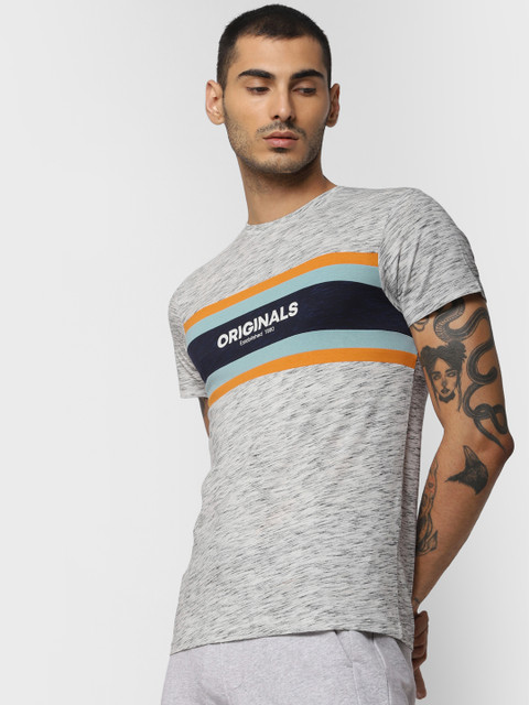 

Jack & Jones Men Grey Melange & Navy Blue Striped Slim Fit Round Neck T-shirt