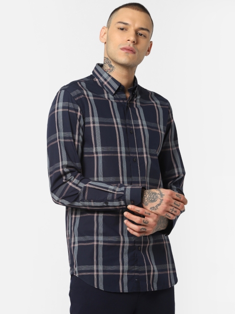 

Jack & Jones Men Navy Blue & Off-White Slim Fit Checked Casual Shirt