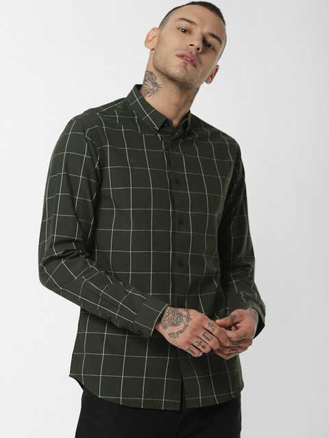 

Jack & Jones Men Green & White Slim Fit Checked Casual Shirt