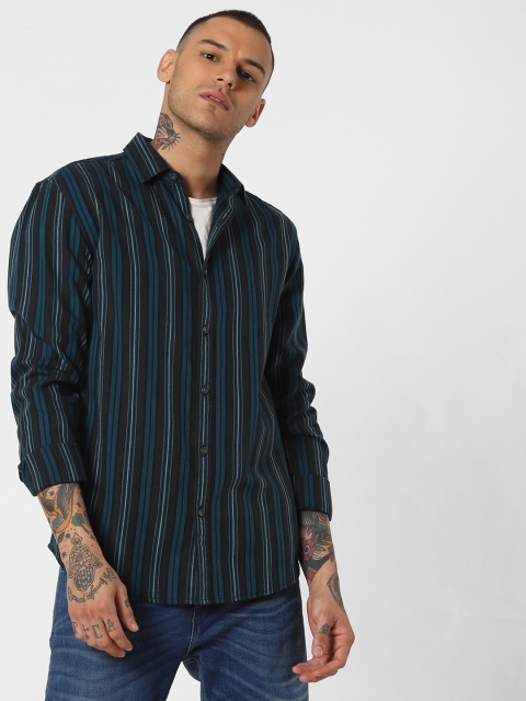 

Jack & Jones Men Teal Blue & Charcoal Grey Slim Fit Striped Casual Shirt