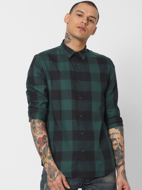

Jack & Jones Men Green & Black Slim Fit Checked Casual Shirt