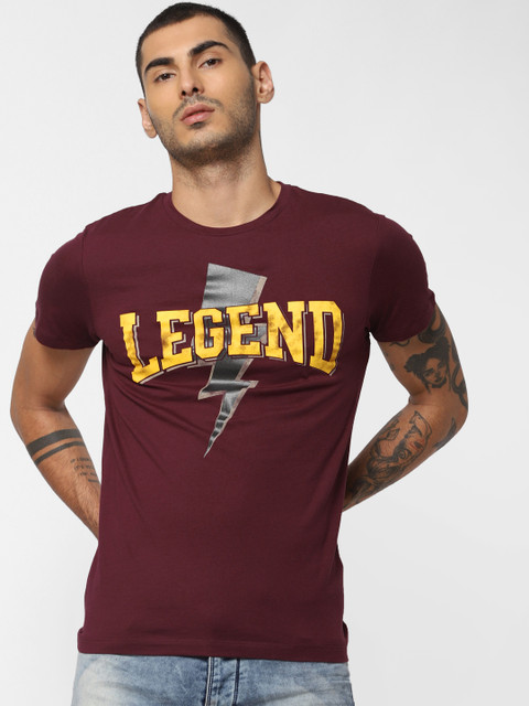 

Jack Jones Men Burgundy Yellow Printed Round Neck Pure Cotton T-shirt