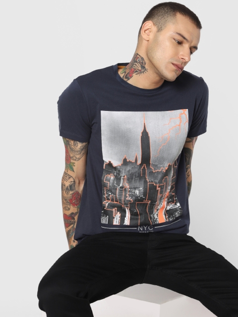 

Jack Jones Men Navy Blue Printed Round Neck Pure Cotton T-shirt