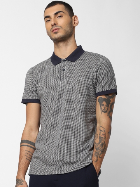 

Jack Jones Men Navy Blue Off-White Self Design Polo Collar Pure Cotton T-shirt