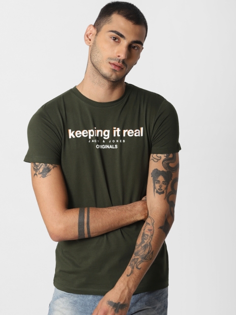 

Jack & Jones Men Olive Green & White Slim Fit Printed Round Neck T-shirt