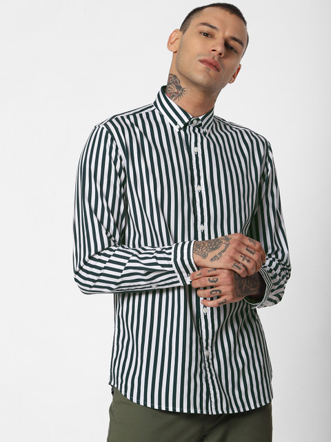 

Jack & Jones Men Green & White Slim Fit Striped Casual Shirt